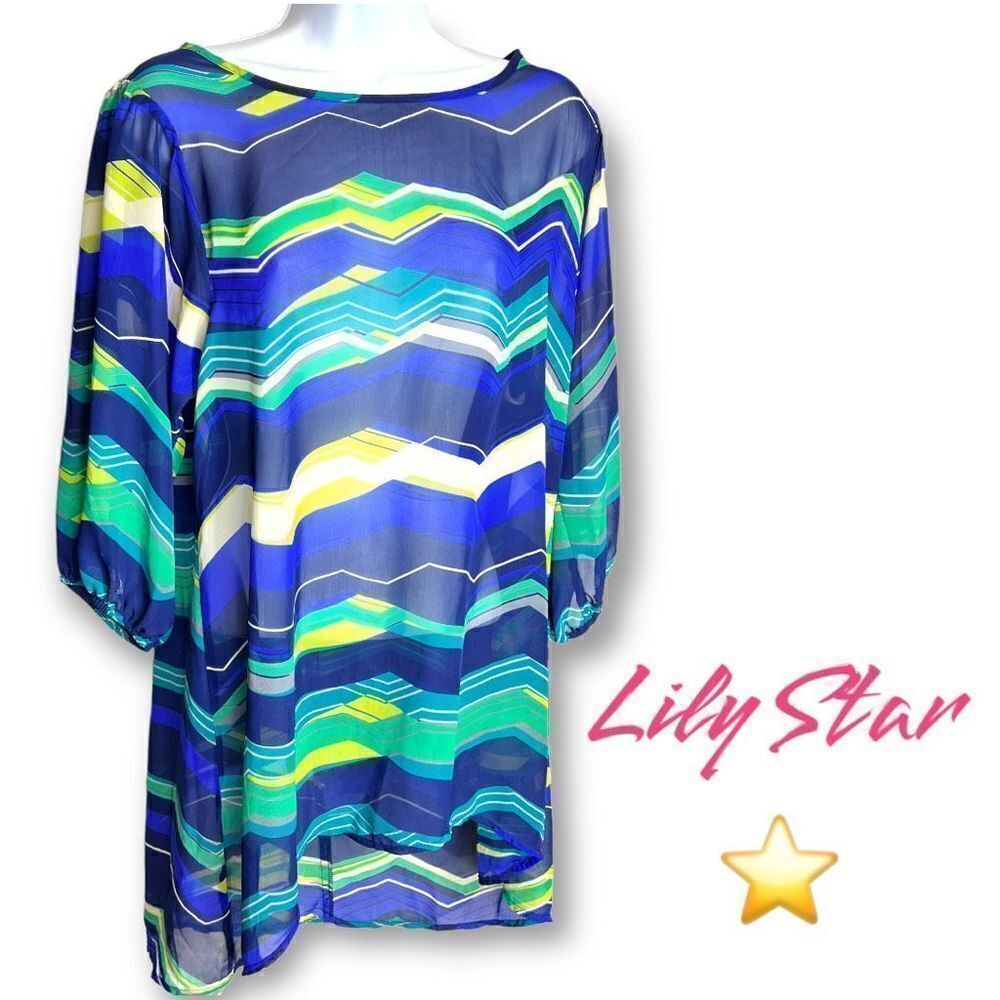 Women’s Lily Star Sheer Large Top/ Dress High Low Hem Blue Green